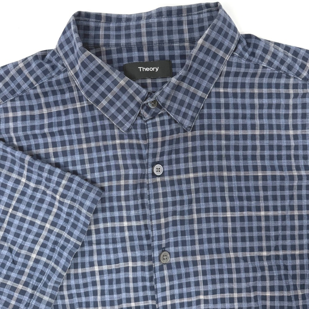 Theory Zack S Balance Check Mens‎ Medium Blue Grey Checkered Short Sleeve Shirt